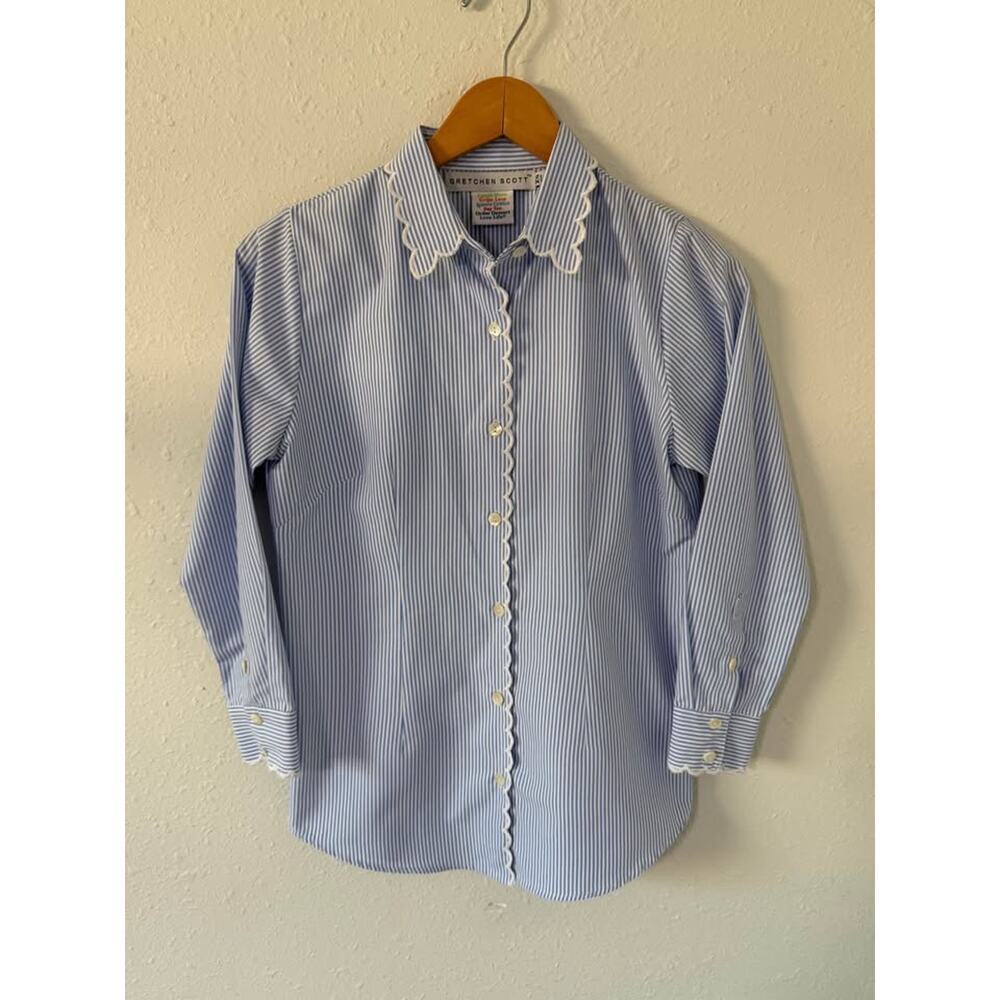 Women’s Gretchen Scott Scalloped Edge Blue & White Striped Blouse Size XS